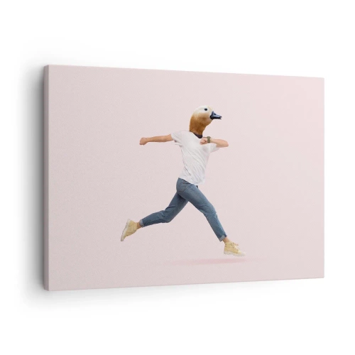 Obraz na płótnie - Surrealistyczna postać z głową kaczki w ruchu - 70x50cm - Szczypta absurdu - Nowoczesna dekoracja ścienna do salonu i sypialni ARTTOR