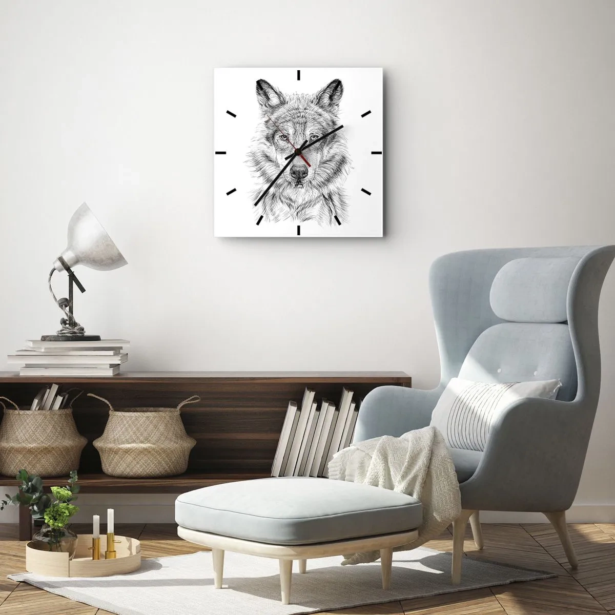 Zegar ścienny - Szkic głowy wilka w monochromatycznym stylu na białym tle - 30x30cm - Urodzony przywódca - Nowoczesna dekoracja ścienna do salonu i sypialni ARTTOR
