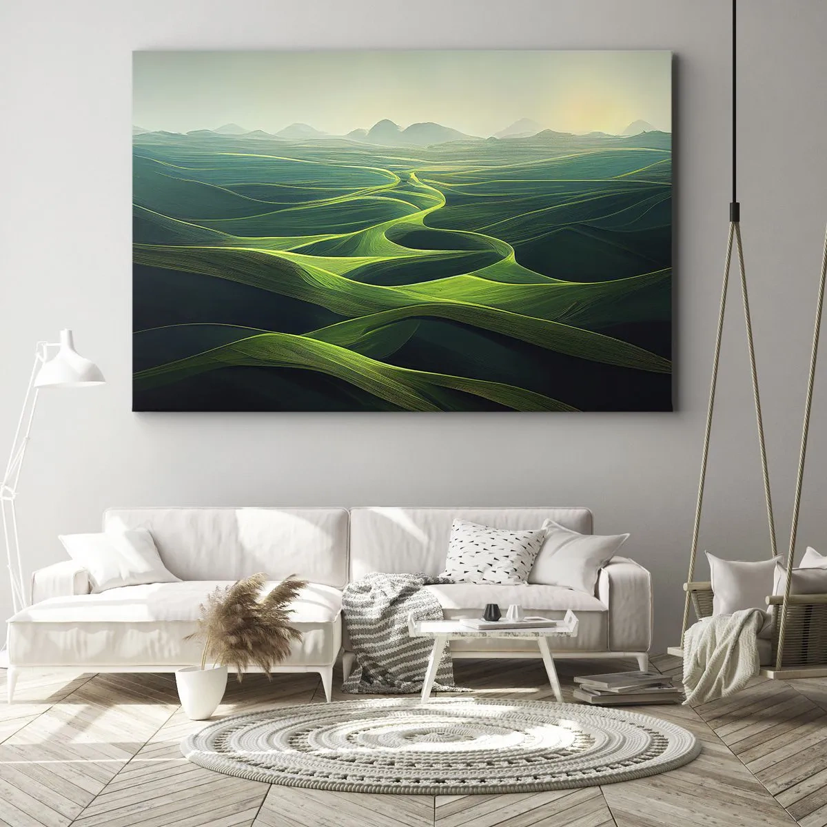 Obraz na płótnie - Zielone wzgórza z falistymi ścieżkami - 70x50cm - W zielonych dolinach - Nowoczesna dekoracja ścienna do salonu i sypialni ARTTOR
