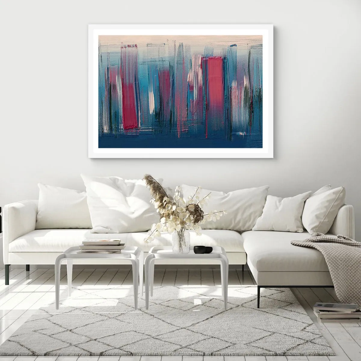 Plakat w białej ramie - Kompozycja wertykalna w błękicie i czerwieni - 70x50 cm