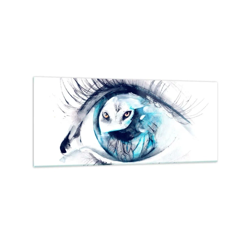 Obraz na szkle - Oko z wizerunkiem sowy w akwarelowych odcieniach niebieskiego - 120x50cm - Oko w oko z dzikością - Nowoczesna dekoracja ścienna do salonu i sypialni ARTTOR