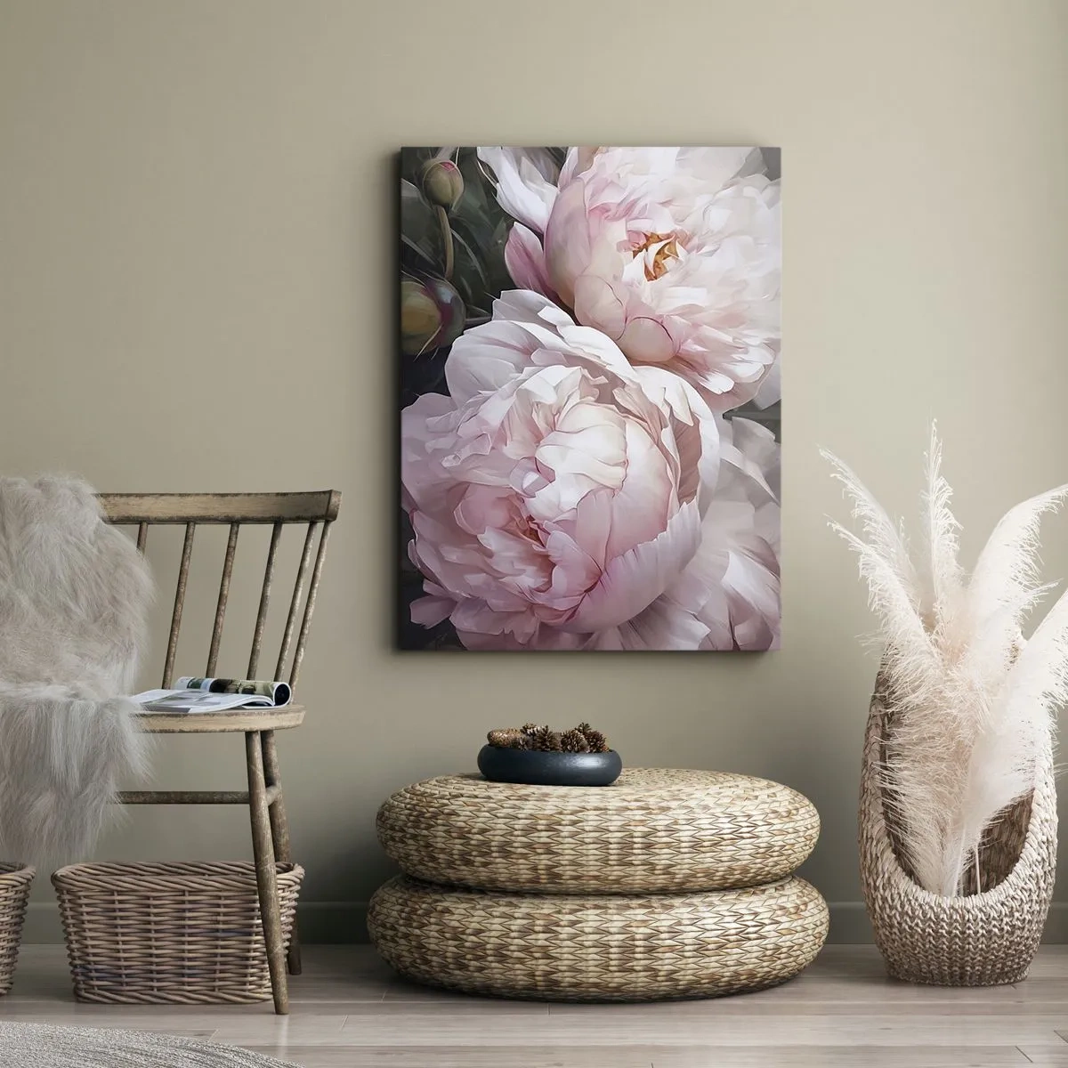 Obraz na płótnie - Delikatne różowe piwonie w pełnym rozkwicie - 50x70cm - Zatrzymane w rozkwicie - Nowoczesna dekoracja ścienna do salonu, kuchni i sypialni ARTTOR