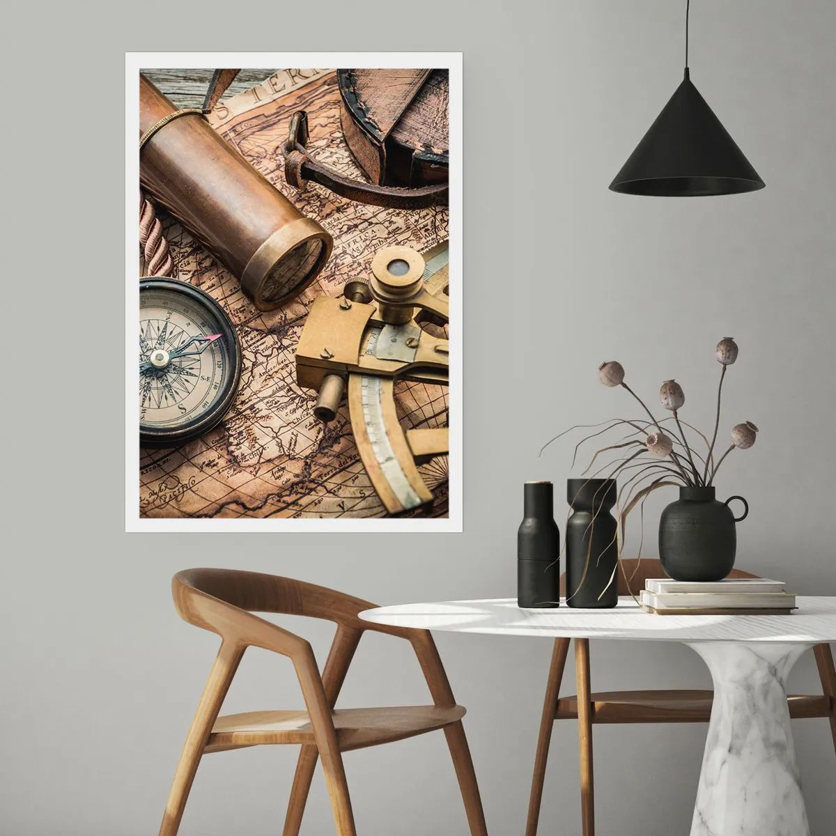 Plakat - Zestaw nawigacyjny z mapą, kompasem i sekstantem - 50x70cm - Wyznacz kurs - Nowoczesna dekoracja ścienna do salonu, kuchni i sypialni ARTTOR