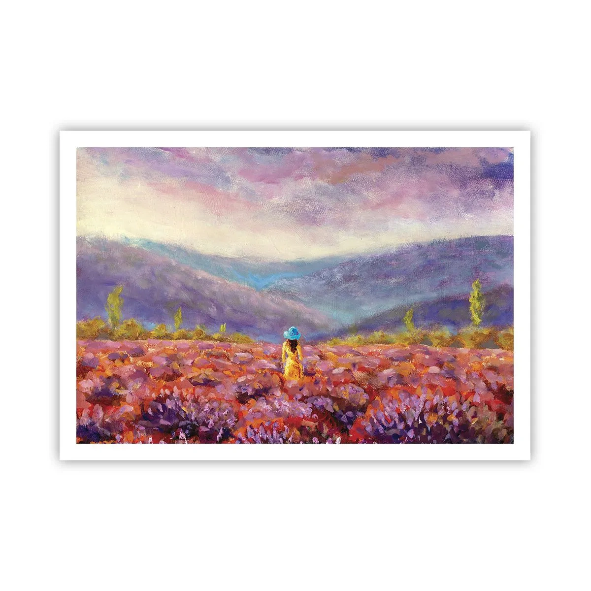 Plakat - Kobieta w kapeluszu spacerująca po polu lawendy - 100x70cm - W lawendowym świecie - Nowoczesna dekoracja ścienna do salonu i sypialni ARTTOR