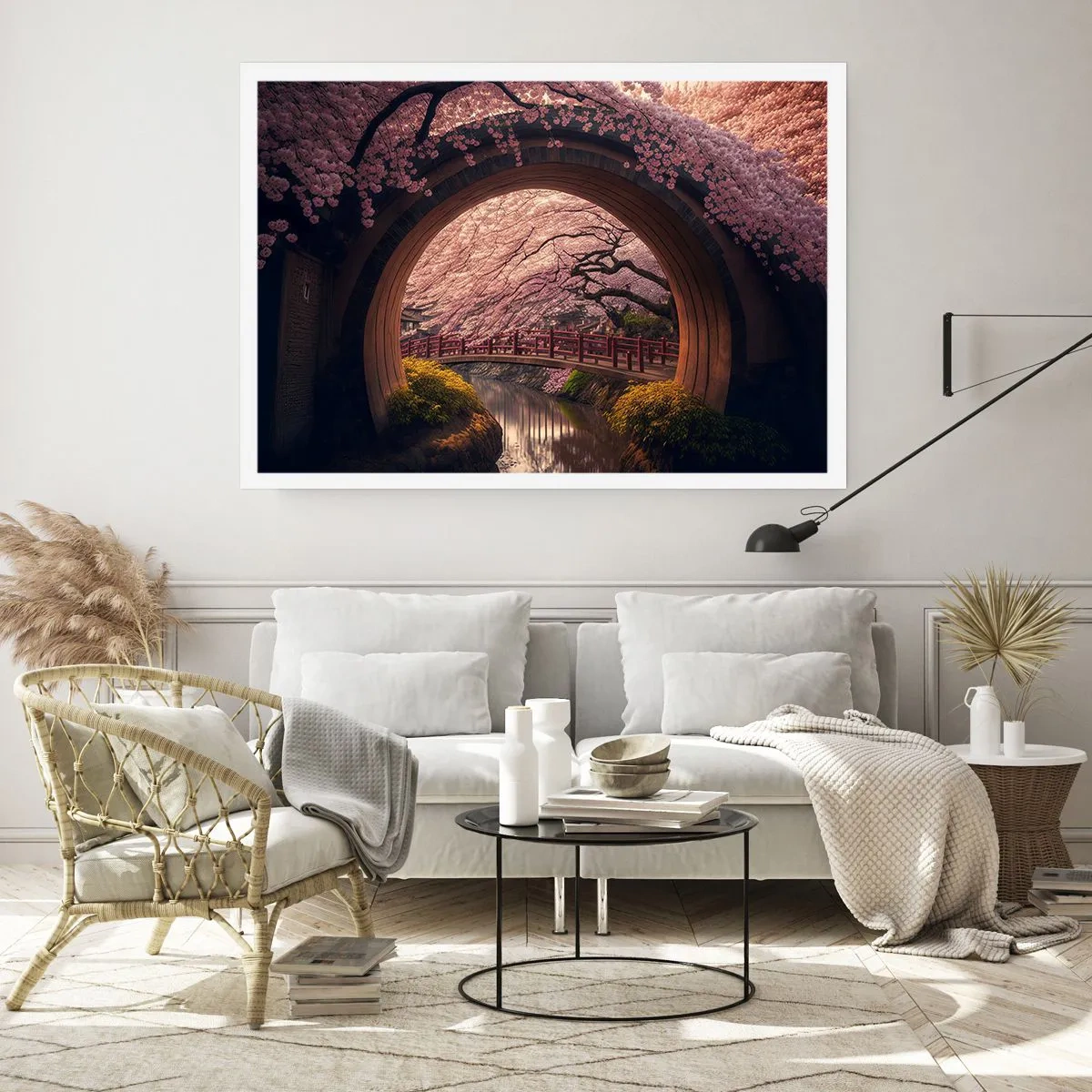 Plakat - Tradycyjny japoński most otoczony kwitnącymi wiśniami - 100x70cm - Japońska wiosna - Nowoczesna dekoracja ścienna do salonu i sypialni ARTTOR