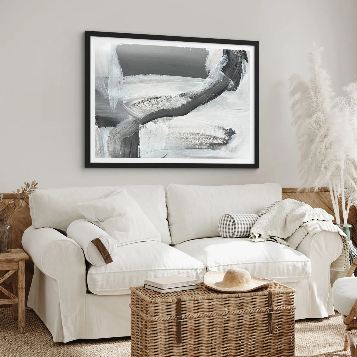 Plakat w czarnej ramie - Szaro-biała abstrakcja z dynamicznymi liniami - 70x50cm - Zdecydowanym ruchem - Nowoczesna dekoracja ścienna do salonu i sypialni ARTTOR