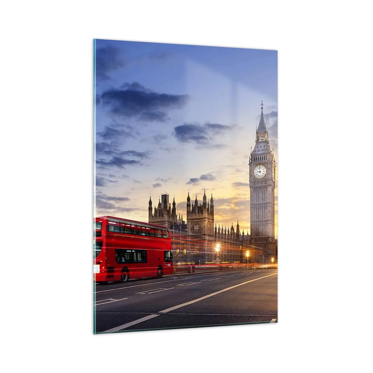Obraz na szkle - Big Ben i czerwony autobus w Londynie o zachodzie słońca - 50x70cm - Znaki szczególne - Nowoczesna dekoracja ścienna do salonu, kuchni i sypialni ARTTOR