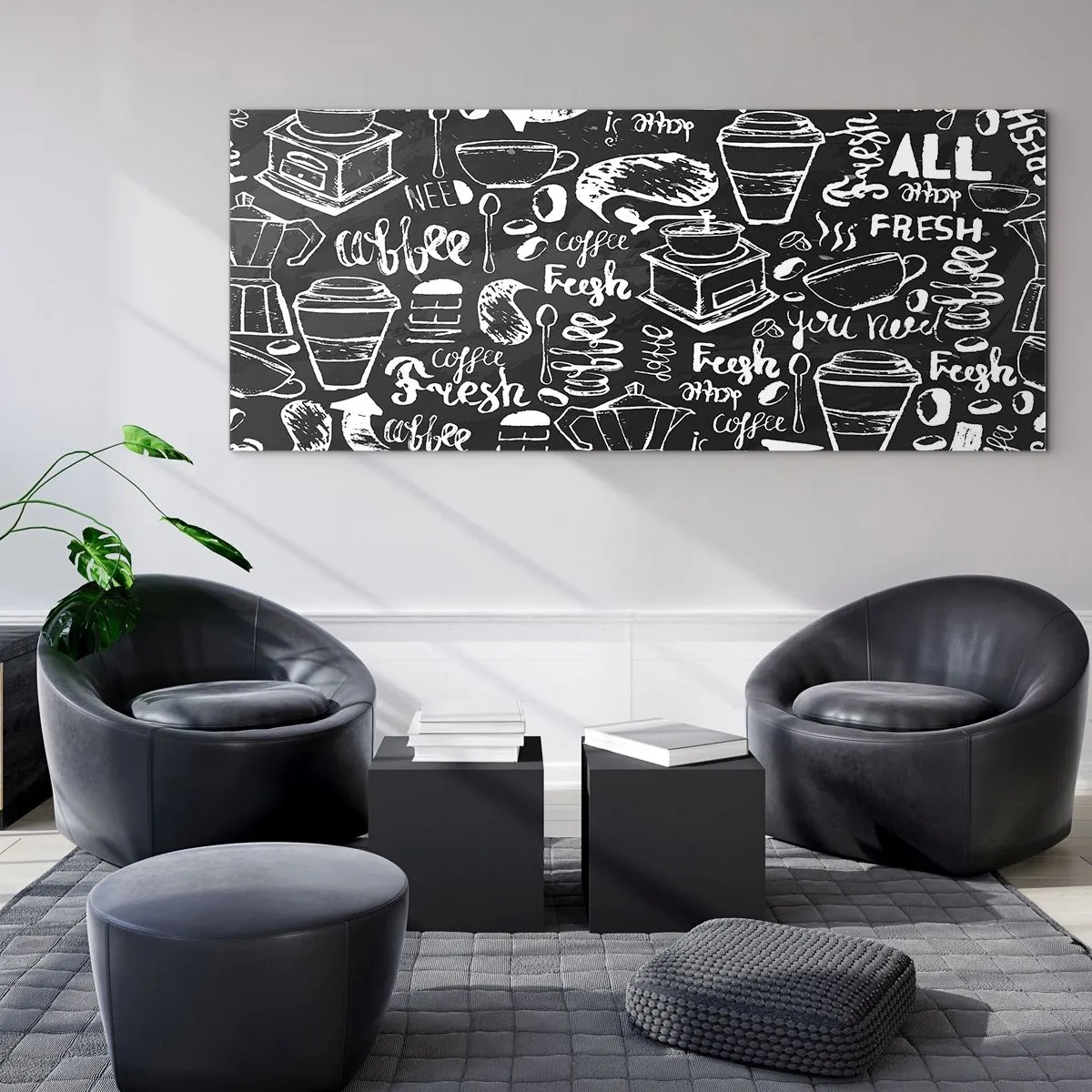 Obraz na szkle - Stylowa grafika kawowa na czarnym tle - 140x50cm - All you need is… - Nowoczesna dekoracja ścienna do salonu i sypialni ARTTOR