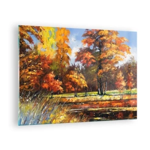 Obraz na szkle - Jesienny pejzaż z drzewami i odbiciem w wodzie - 70x50cm - Pejzaż w złocie i brązie - Nowoczesna dekoracja ścienna do salonu i sypialni ARTTOR