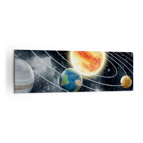 Obraz na płótnie - Układ słoneczny z planetami i słońcem w przestrzeni kosmicznej - 160x50cm - Kosmiczny taniec - Nowoczesna dekoracja ścienna do salonu i sypialni ARTTOR