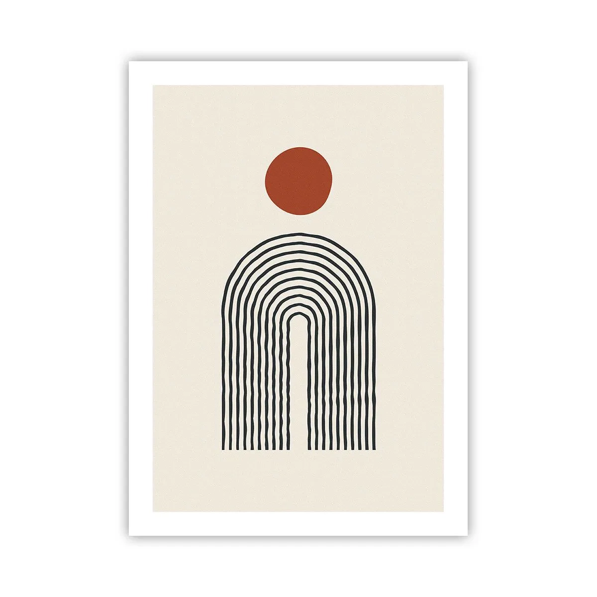 Plakat - Geometryczna abstrakcja z liniowym łukiem i czerwonym kołem - 50x70cm - Magnetyzm kształtów i barw - Nowoczesna dekoracja ścienna do salonu, kuchni i sypialni ARTTOR