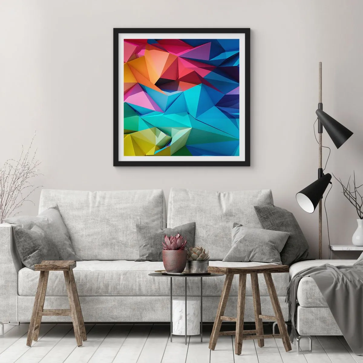 Plakat w czarnej ramie - Tęczowe origami - 30x30 cm