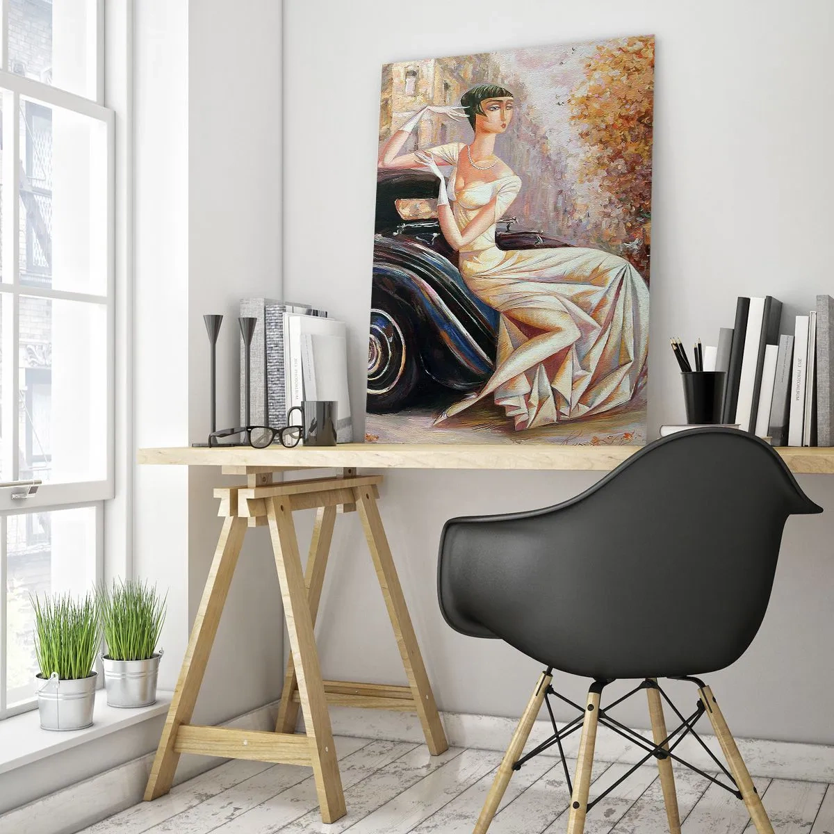 Obraz na szkle - Elegancka kobieta przy retro samochodzie w miejskim otoczeniu - 50x70cm - Elegancja w stylu retro - Nowoczesna dekoracja ścienna do salonu, kuchni i sypialni ARTTOR