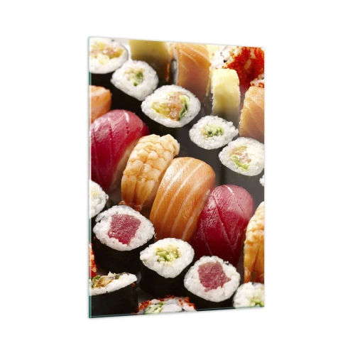 Obraz na szkle - Kolorowa kompozycja sushi z różnorodnymi składnikami - 50x70cm - Barwy i smaki Azji - Nowoczesna dekoracja ścienna do salonu, kuchni i sypialni ARTTOR