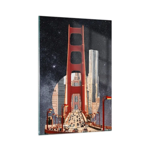 Obraz na szkle - Most Golden Gate z miastem w tle na tle gwiaździstego nieba - 80x120cm - Zawsze w centrum - Nowoczesna dekoracja ścienna do salonu i sypialni ARTTOR