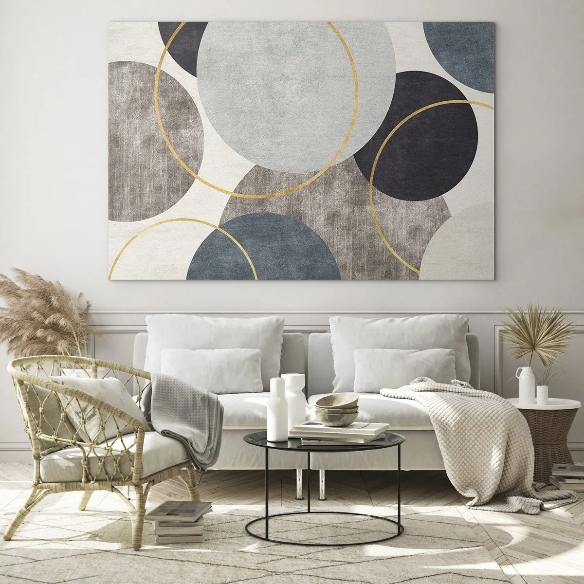 Obraz na szkle - Kompozycja okręgów w stonowanych kolorach - 70x50cm - Koło za kołem - Nowoczesna dekoracja ścienna do salonu i sypialni ARTTOR