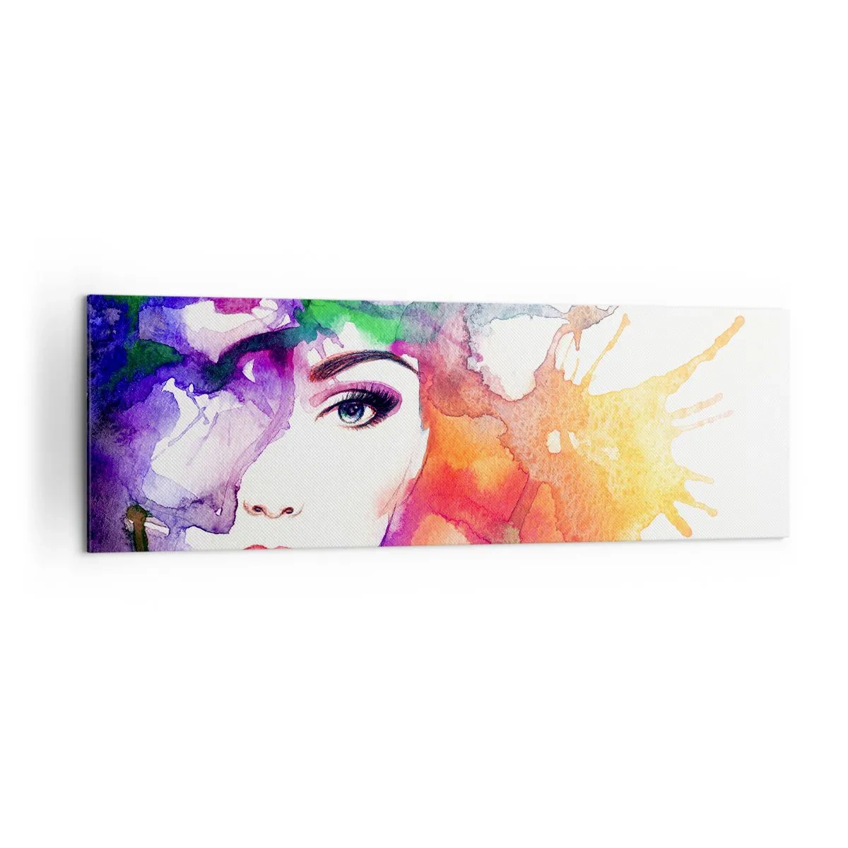 Obraz na płótnie - Portret kobiety w akwarelowych barwach z abstrakcyjnymi plamami - 160x50cm - Z głową w chmurach - Nowoczesna dekoracja ścienna do salonu i sypialni ARTTOR