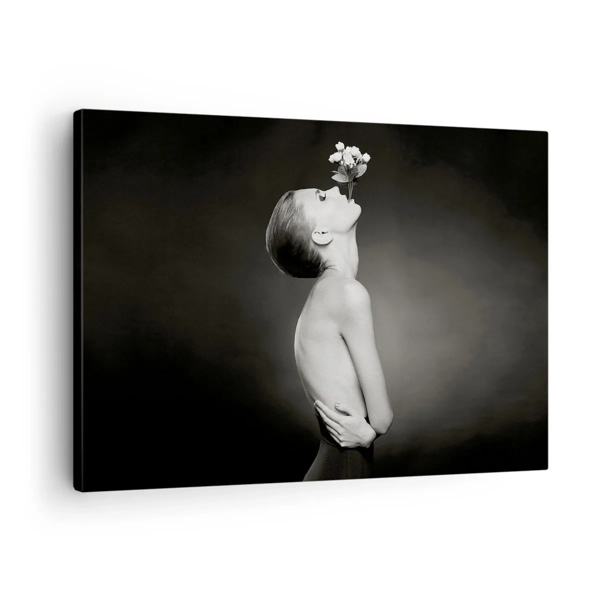 Obraz na płótnie - Czarno-biała sylwetka kobiety z kwiatem - 70x50cm - Ekscentryczna elegancja - Nowoczesna dekoracja ścienna do salonu i sypialni ARTTOR