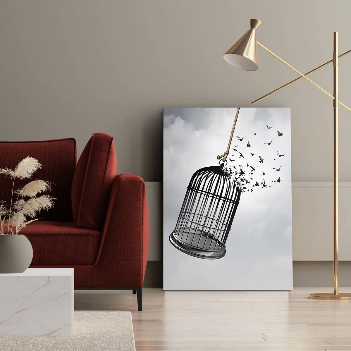 Obraz na płótnie - Otwarcia klatki z uciekającymi ptakami - 50x70cm - Wiara...Nadzieja...Wolność! - Nowoczesna dekoracja ścienna do salonu, kuchni i sypialni ARTTOR