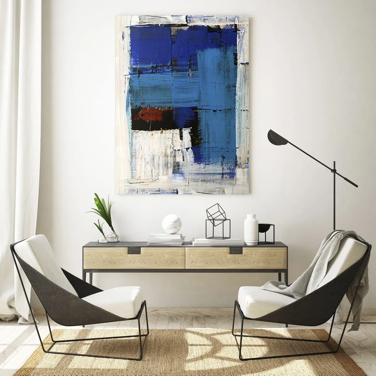 Obraz na szkle - Abstrakcyjna kompozycja z dominującym błękitem - 50x70cm - Sekret błękitu - Nowoczesna dekoracja ścienna do salonu, kuchni i sypialni ARTTOR
