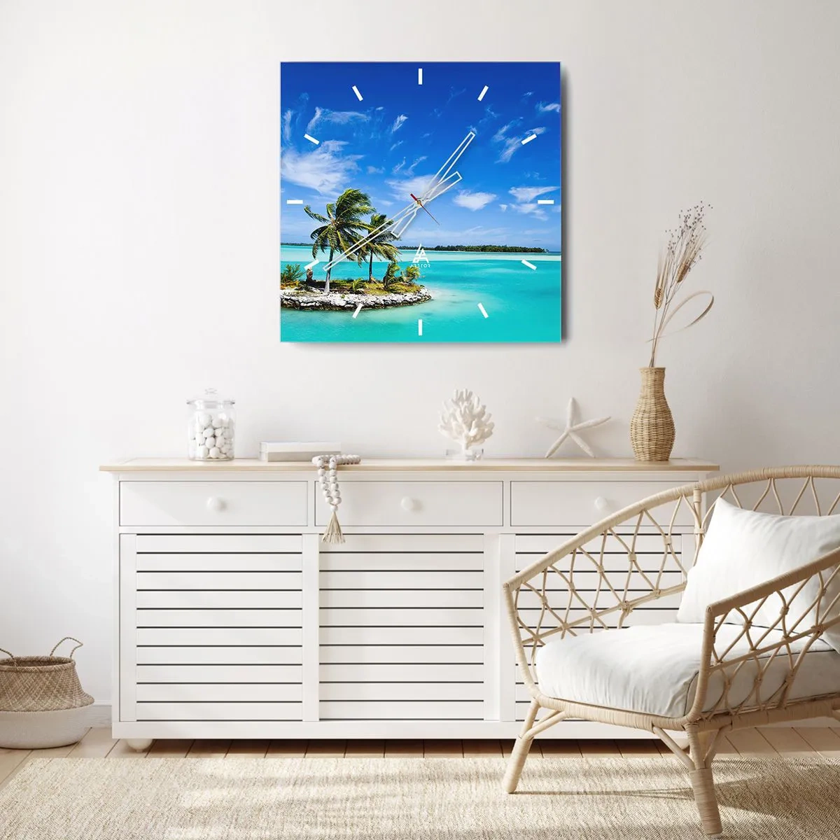 Zegar ścienny - Egzotyczna wysepka z palmami na turkusowej wodzie - 30x30cm - Raj na ziemi - Nowoczesna dekoracja ścienna do salonu i sypialni ARTTOR