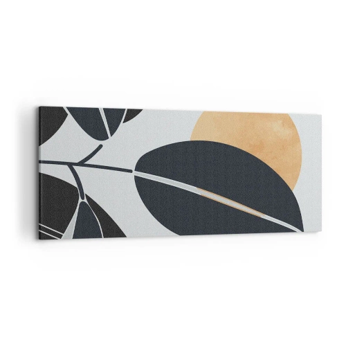 Obraz na płótnie - Minimalistyczny motyw liści z jasnym słońcem w tle - 120x50cm - Dzień gorącego lata - Nowoczesna dekoracja ścienna do salonu i sypialni ARTTOR