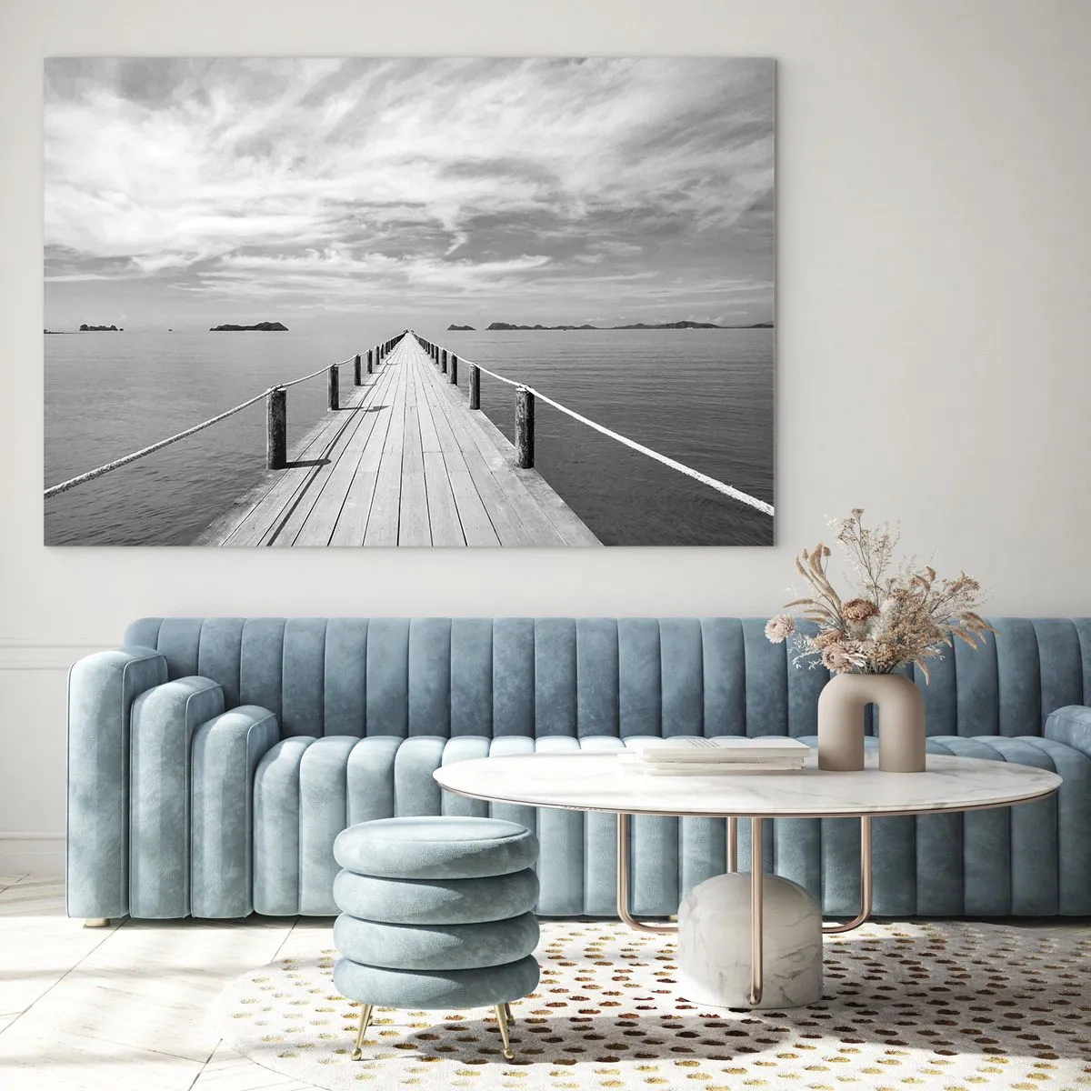 Obraz na szkle - Drewniane molo prowadzące w dal po spokojnym morzu - 70x50cm - A może podróż… - Nowoczesna dekoracja ścienna do salonu i sypialni ARTTOR