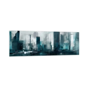 Obraz na szkle - Nowoczesne miasto w odcieniach turkusu i szarości - 160x50cm - Miasto w kolorze deszczu - Nowoczesna dekoracja ścienna do salonu i sypialni ARTTOR