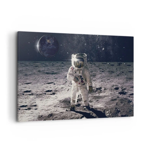 Obraz na płótnie - Astronauta na powierzchni Księżyca z Ziemią w tle - 120x80cm - Pozdrowienia z Księżyca - Nowoczesna dekoracja ścienna do salonu, kuchni i sypialni ARTTOR
