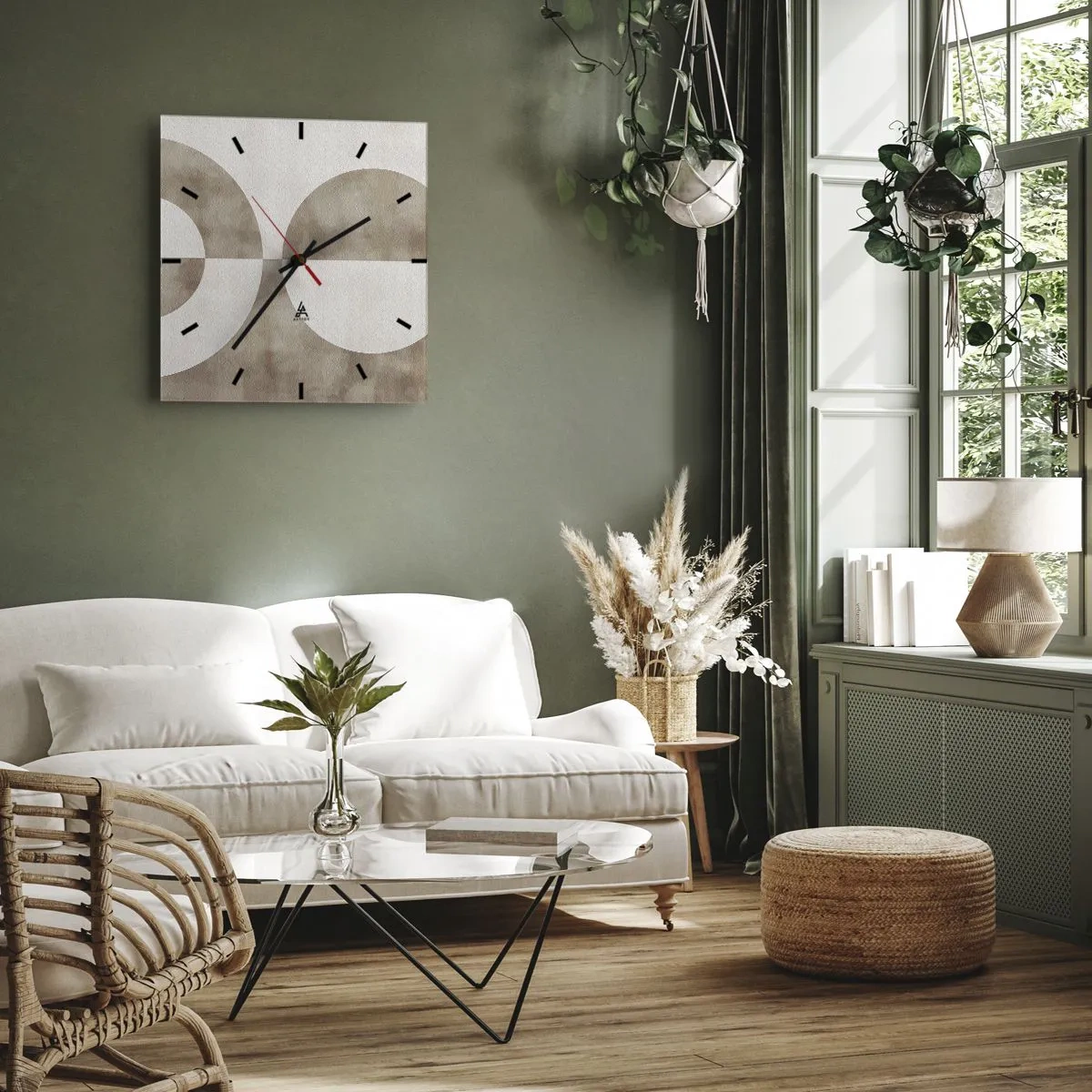 Zegar ścienny - Abstrakcyjny obraz w odcieniach beżu z geometrycznymi kształtami i symetrią - 30x30cm - Podobieństwa i różnice - Nowoczesna dekoracja ścienna do salonu i sypialni ARTTOR