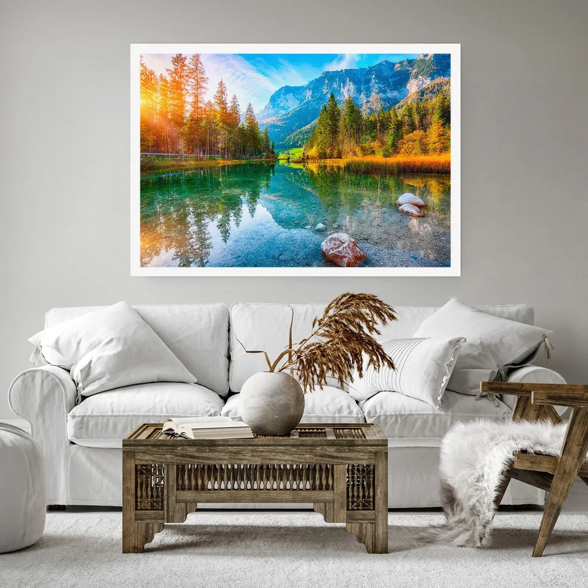 Plakat - Malownicze jezioro w otoczeniu gór i lasów - 100x70cm - Łagodność jesieni - Nowoczesna dekoracja ścienna do salonu i sypialni ARTTOR