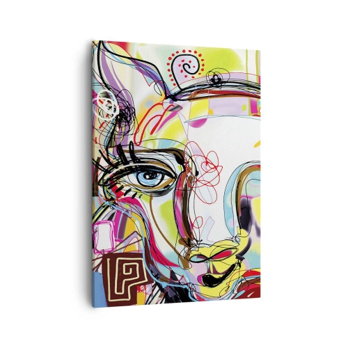 Obraz na płótnie - Ekspresyjny portret twarzy w abstrakcyjnych kolorach i liniach - 50x70cm - Bogactwo kociej matury - Nowoczesna dekoracja ścienna do salonu, kuchni i sypialni ARTTOR