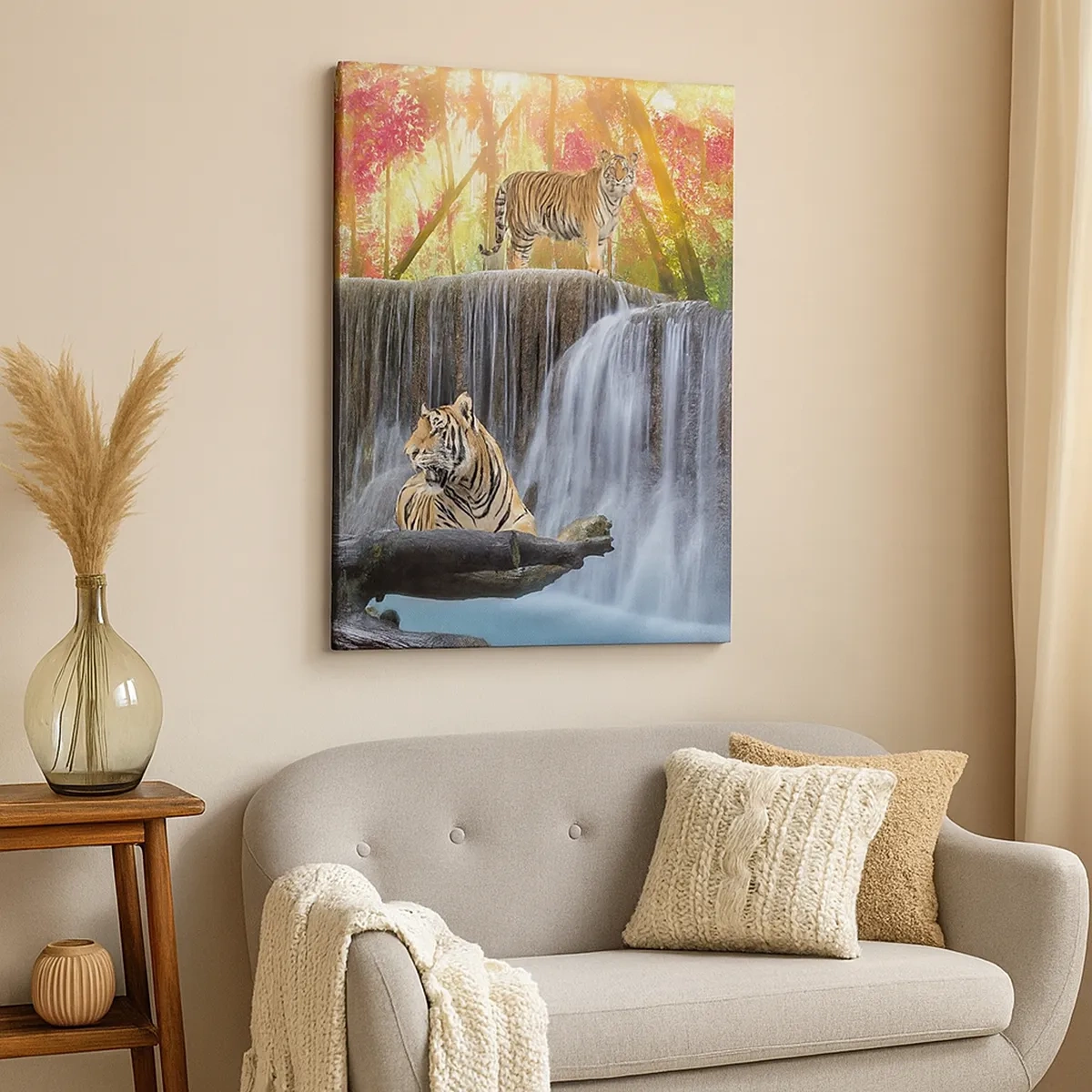 Obraz na płótnie - Tygrysy odpoczywające przy wodospadzie w lesie - 50x70cm - Pejzaż surrealistyczny    - Nowoczesna dekoracja ścienna do salonu, kuchni i sypialni ARTTOR