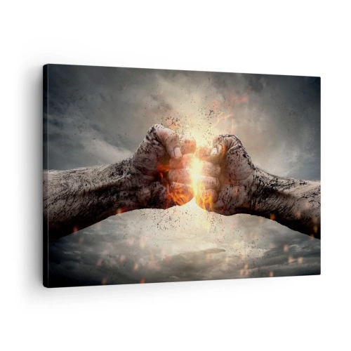 Obraz na płótnie - Zaciśnięte pięści w dynamicznej scenerii z ogniem - 70x50cm - Stań do walki - Nowoczesna dekoracja ścienna do salonu i sypialni ARTTOR
