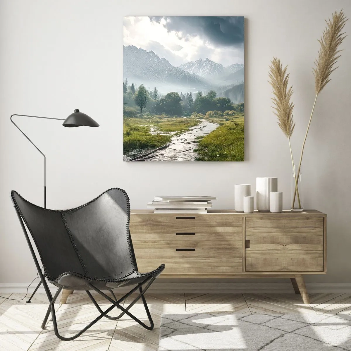 Obraz na szkle - Górski krajobraz z rzeką i drzewami w otoczeniu mglistych gór - 80x120cm - Tam i z powrotem - Nowoczesna dekoracja ścienna do salonu i sypialni ARTTOR