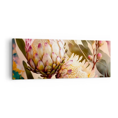 Obraz na płótnie - Kolorowe kwiaty protei na delikatnym tle - 140x50cm - Czule objęte - Nowoczesna dekoracja ścienna do salonu i sypialni ARTTOR
