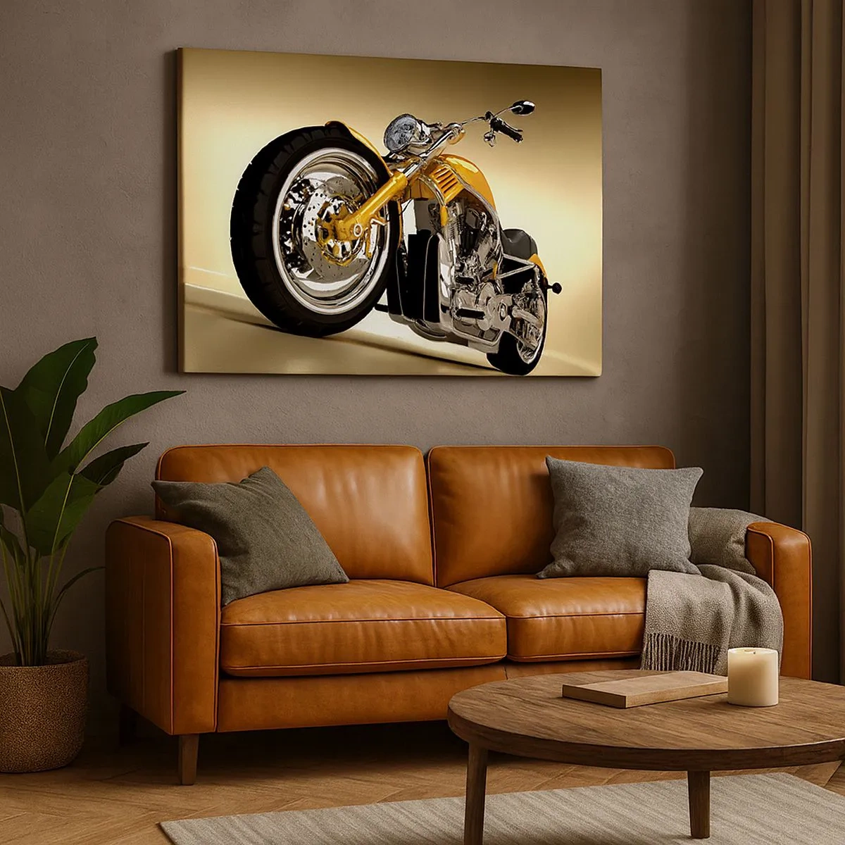 Obraz na płótnie - Żółty motocykl w stylu chopper na tle beżowej ściany - 70x50cm - Marzenie o sile i prędkości - Nowoczesna dekoracja ścienna do salonu i sypialni ARTTOR