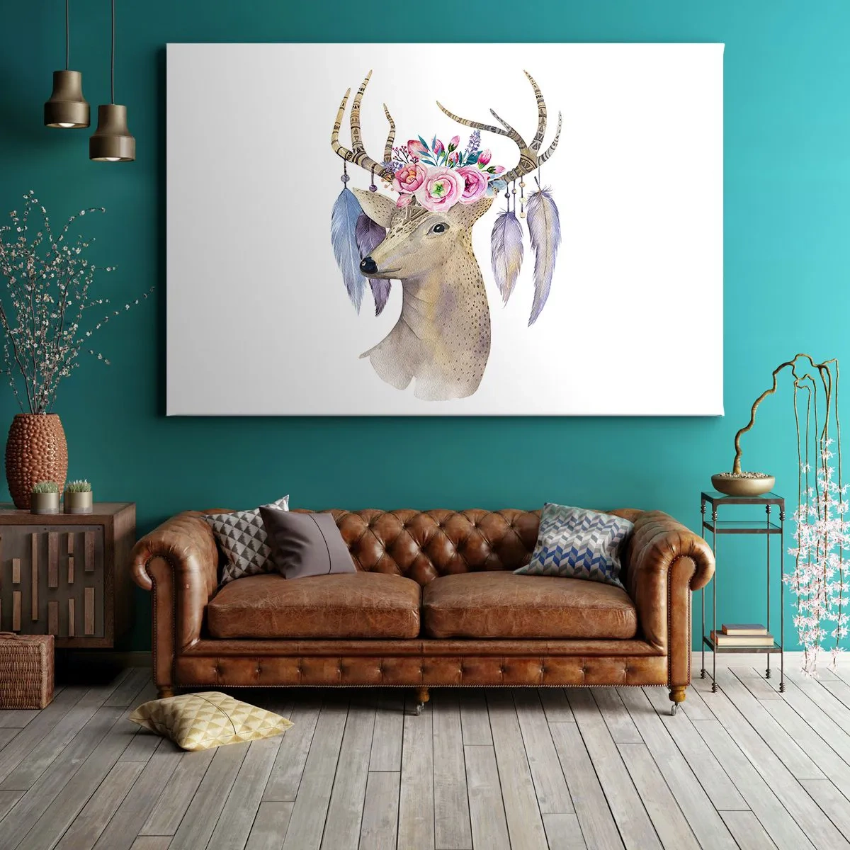 Obraz na płótnie - Romantyczna grafika jelenia z kwiatami i piórami - 70x50cm - Przewodnik duszy - delikatny, niewinny - Nowoczesna dekoracja ścienna do salonu i sypialni ARTTOR