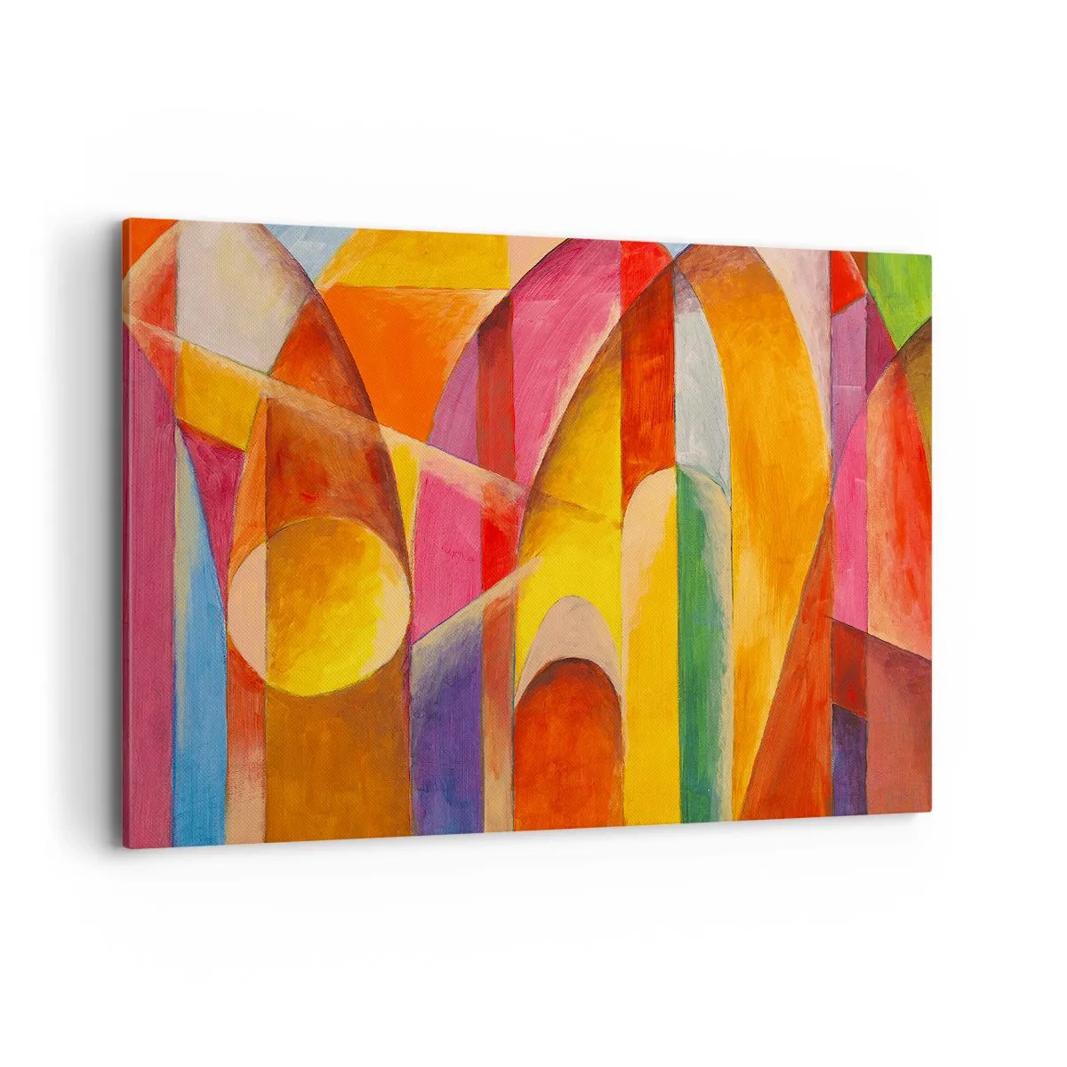 Obraz na płótnie - Abstrakcyjna kompozycja pełna kolorowych form geometrycznych - 120x80cm - Katedra słońca - Nowoczesna dekoracja ścienna do salonu, kuchni i sypialni ARTTOR