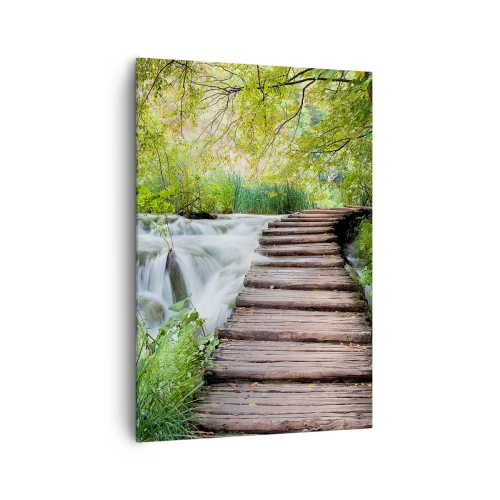 Obraz na płótnie - Drewniany pomost nad wodospadem otoczonym bujną zielenią lasu. - 70x100cm - Wcale nie cicha woda - Nowoczesna dekoracja ścienna do salonu i sypialni ARTTOR