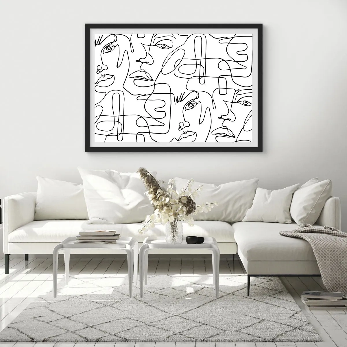 Plakat w czarnej ramie - Minimalistyczny rysunek twarzy z liniami na jasnym tle - 100x70cm - W splątanych emocjach - Nowoczesna dekoracja ścienna do salonu i sypialni ARTTOR