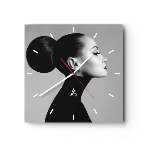 Zegar ścienny - Profil kobiety w czerni i bieli z eleganckim kokiem - 30x30cm - Współczesna Nefretete - Nowoczesna dekoracja ścienna do salonu i sypialni ARTTOR