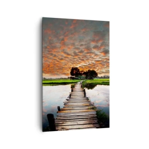 Obraz na płótnie - Drewniany mostek nad wodą o zachodzie słońca - 80x120cm - Rozłóż ramiona - oddychaj  - Nowoczesna dekoracja ścienna do salonu i sypialni ARTTOR