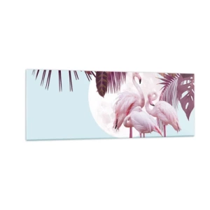 Obraz na szkle - Różowe flamingi na tle księżyca i tropikalnych liści - 140x50cm - Trzy ptasie gracje - Nowoczesna dekoracja ścienna do salonu i sypialni ARTTOR