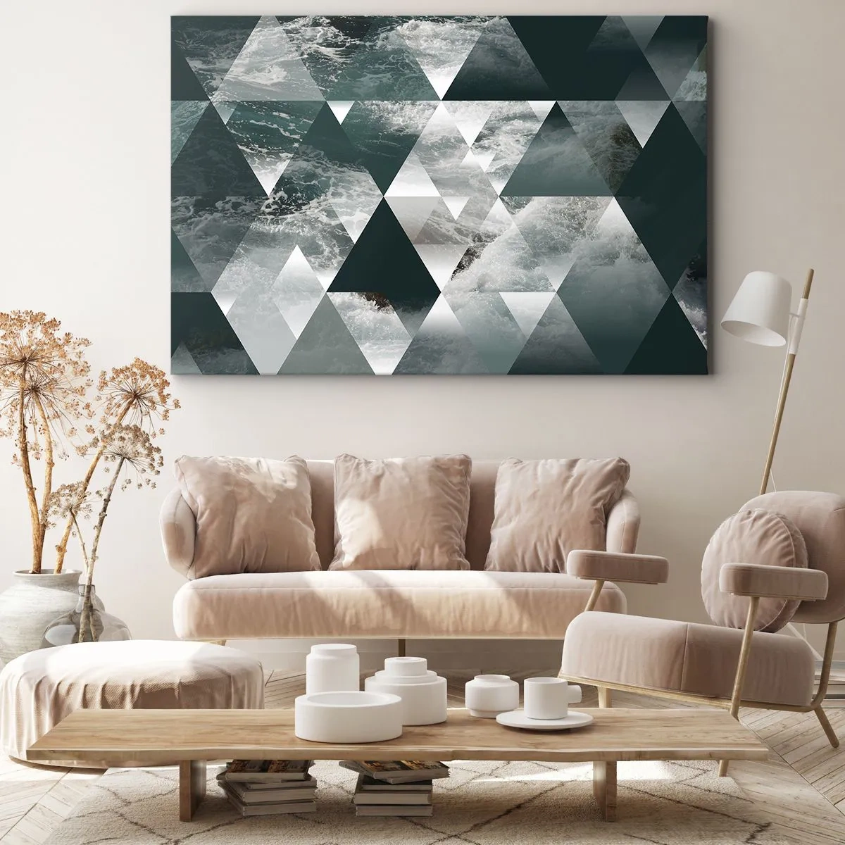 Obraz na płótnie - Geometryczny wzór z motywem fal w odcieniach zieleni - 120x80cm - Kryształowa perspektywa - Nowoczesna dekoracja ścienna do salonu, kuchni i sypialni ARTTOR
