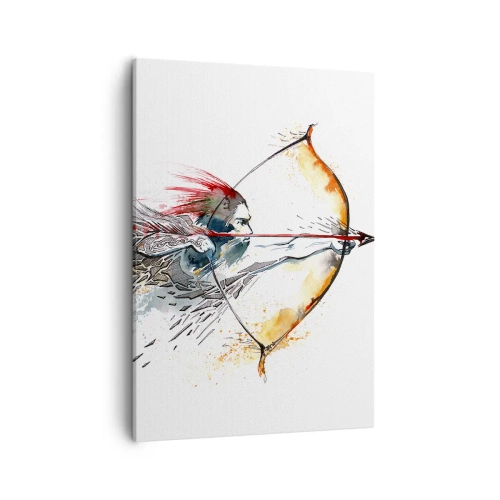 Obraz na płótnie - Mityczny wojownik z ognistym łukiem w rękach, malowany akwarelą w odcieniach czerwieni i pomarańczu - 50x70cm - Mityczny wojownik z ognistym łukiem - Nowoczesna dekoracja ścienna do salonu, kuchni i sypialni ARTTOR