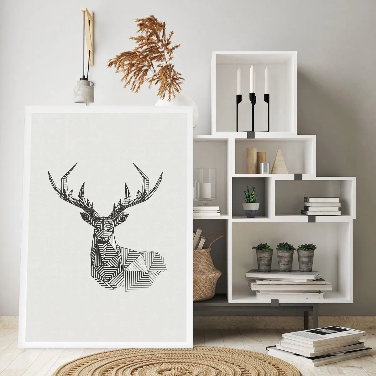 Plakat - Geometryczna sylwetka jelenia w czarno-białym stylu - 50x70cm - Jeleń w kubistycznym stylu - Nowoczesna dekoracja ścienna do salonu, kuchni i sypialni ARTTOR