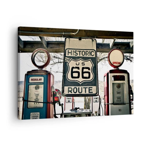Obraz na płótnie - Historyczna stacja benzynowa z symbolem Route 66 - 70x50cm - Amerykańska retro podróż - Nowoczesna dekoracja ścienna do salonu i sypialni ARTTOR