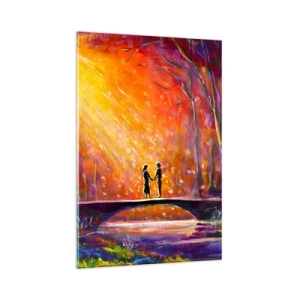 Obraz na szkle - Romantyczna para na moście w jesiennym lesie - 80x120cm - Niebo ich też kocha - Nowoczesna dekoracja ścienna do salonu i sypialni ARTTOR