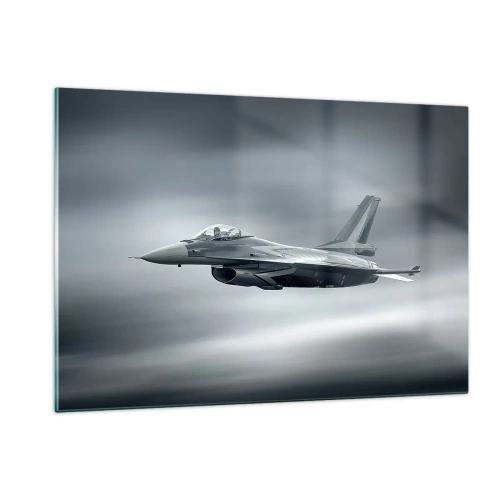 Obraz na szkle - Myśliwiec w locie na tle pochmurnego nieba - 120x80cm - Rzucisz wyzwanie? - Nowoczesna dekoracja ścienna do salonu, kuchni i sypialni ARTTOR